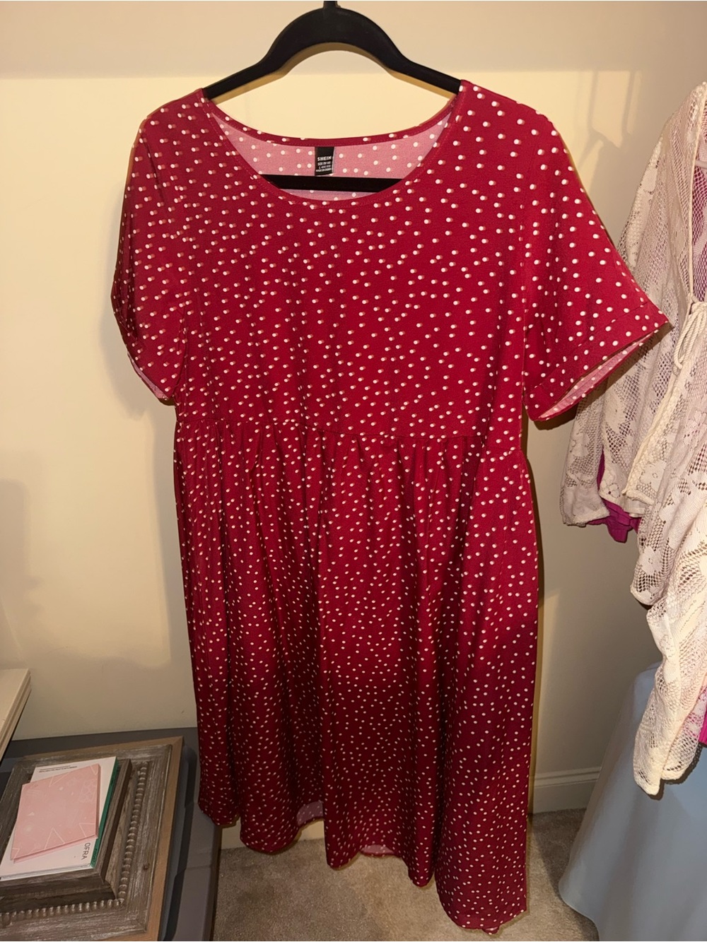 SHEIN Red Short Sleeve Midi Dress with White Polka Dots